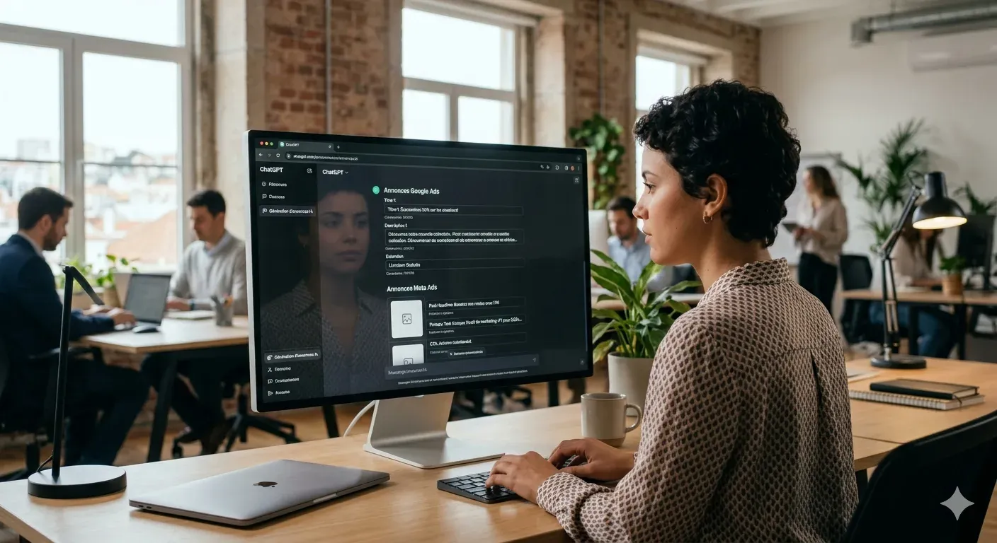 Interfaz de ChatGPT en pantalla con textos de anuncios de Google Ads y Meta Ads generados por inteligencia artificial