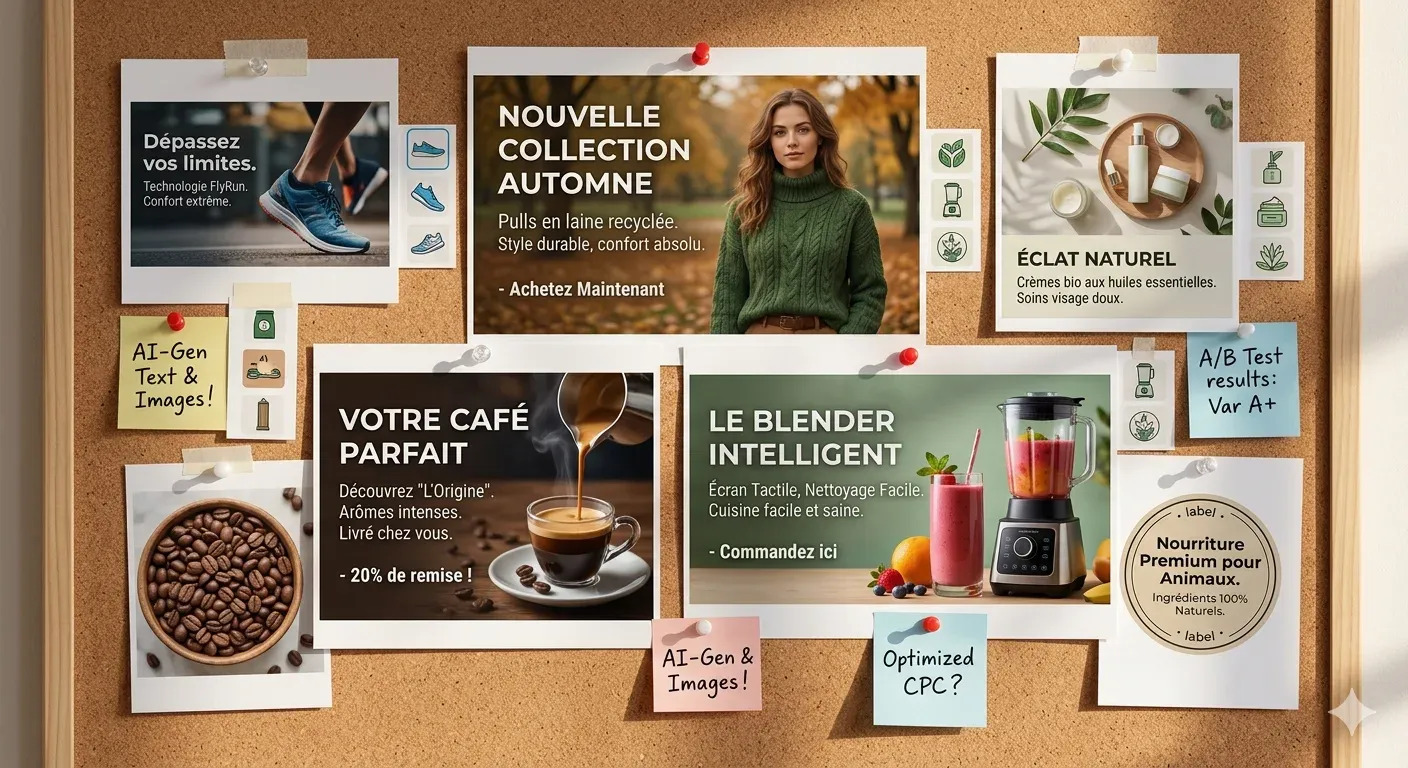 Collage de creatividades publicitarias generadas por IA para ecommerce, incluyendo imágenes de producto y textos de anuncios