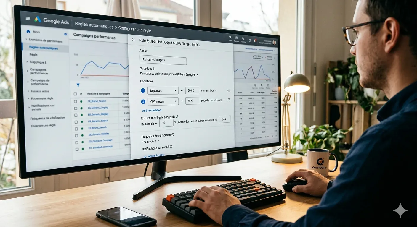 Pantalla de Google Ads mostrando la configuración de reglas automatizadas con condiciones de presupuesto y CPA