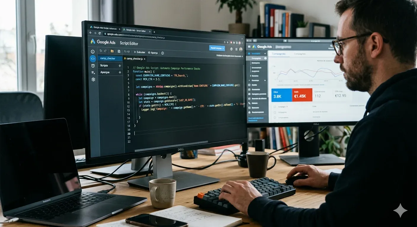 Editor de scripts de Google Ads con código JavaScript en pantalla y métricas de campaña en segundo plano