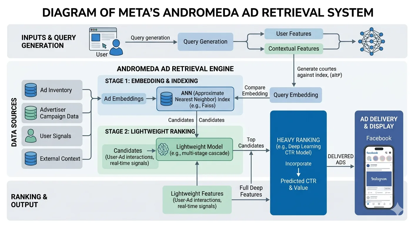 Diagrama del sistema de recuperación de anuncios Andromeda de Meta