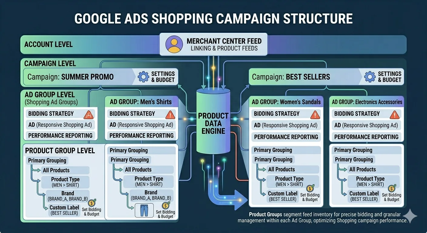 Estructura de una campaña Standard Shopping en Google Ads: niveles de campaña, ad group y grupos de productos