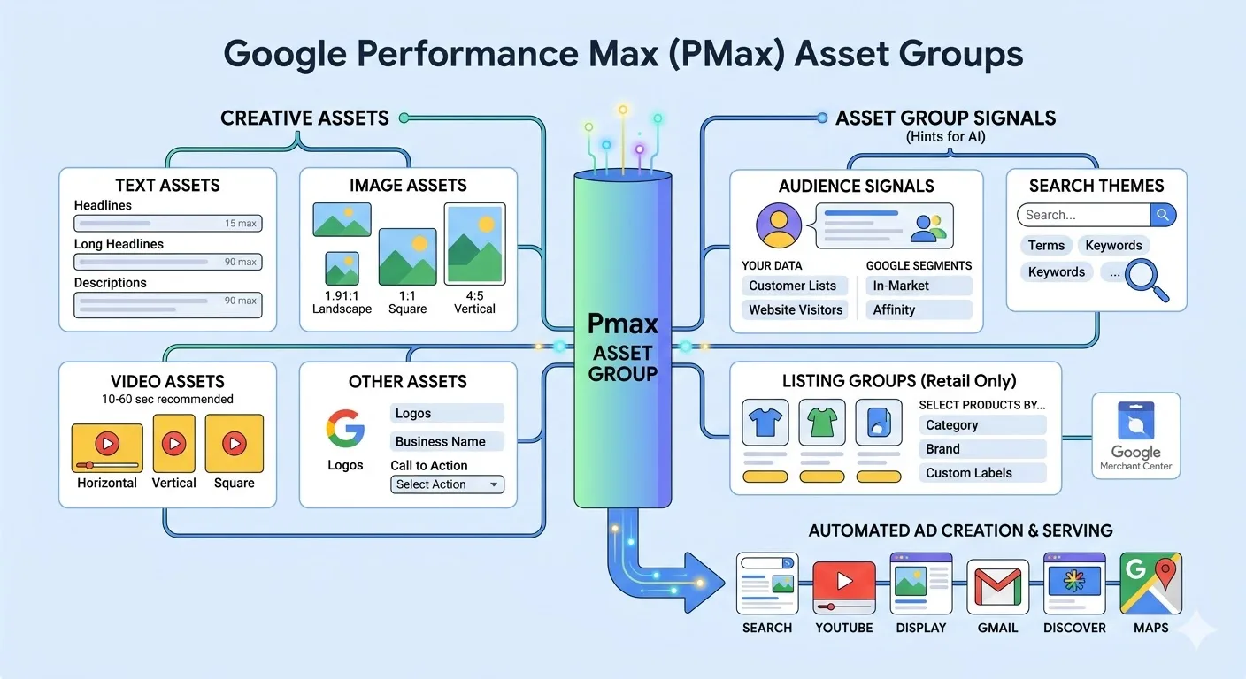 Estructura de asset groups en una campaña Performance Max para ecommerce