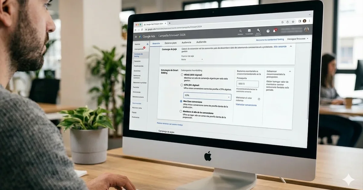 Google Ads dashboard showing Smart Bidding strategies: tROAS, tCPA, Maximize Conversions and Maximize Conversion Value