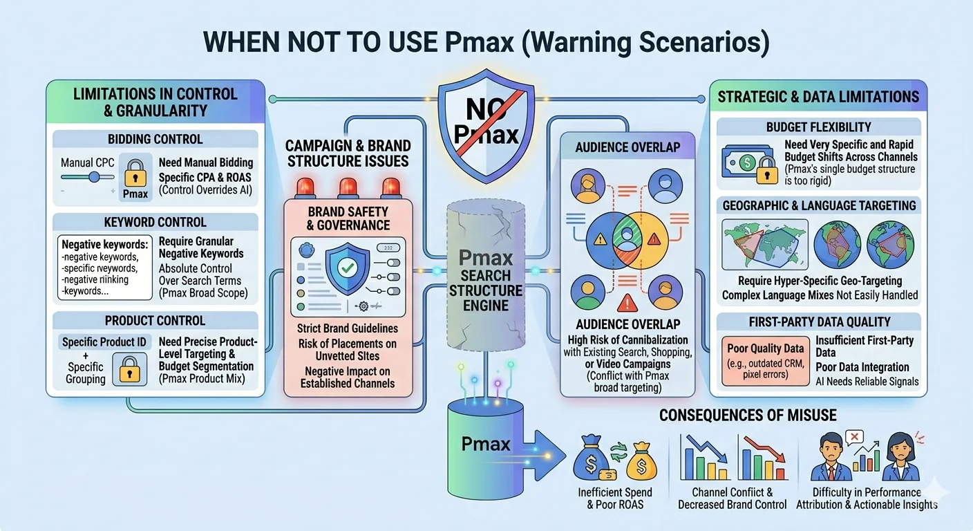 Cuándo no usar Performance Max: presupuesto bajo, catálogo pequeño o ciclo de venta largo