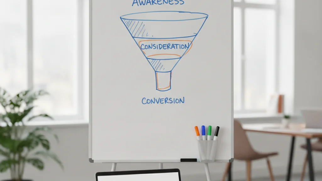 Whiteboard with a three-stage B2B funnel TOFU MOFU BOFU diagram