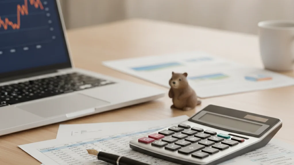 Calculator, spreadsheets and a laptop showing a cost per lead chart