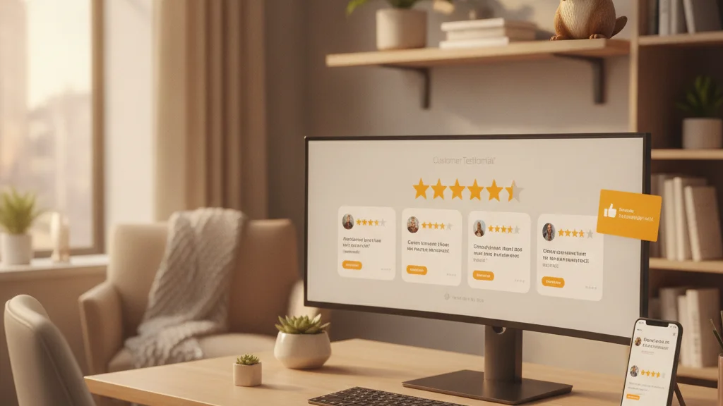 Monitor showing testimonial cards with five-star ratings