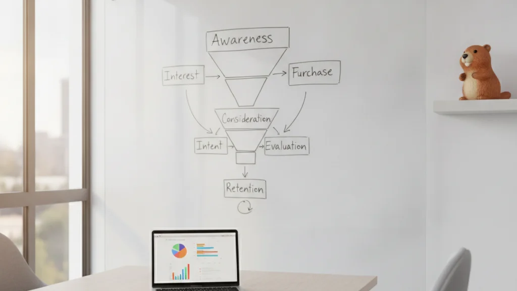 Tableau blanc avec un entonnoir de génération de leads B2B et un ordinateur