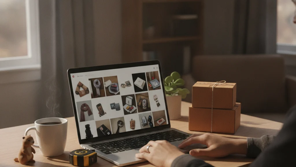 Escritorio con portátil mostrando una cuadrícula de fichas de producto junto a cajas de envío
