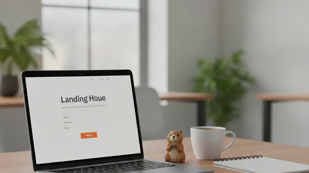 Ordinateur portable affichant une landing page B2B avec formulaire de contact