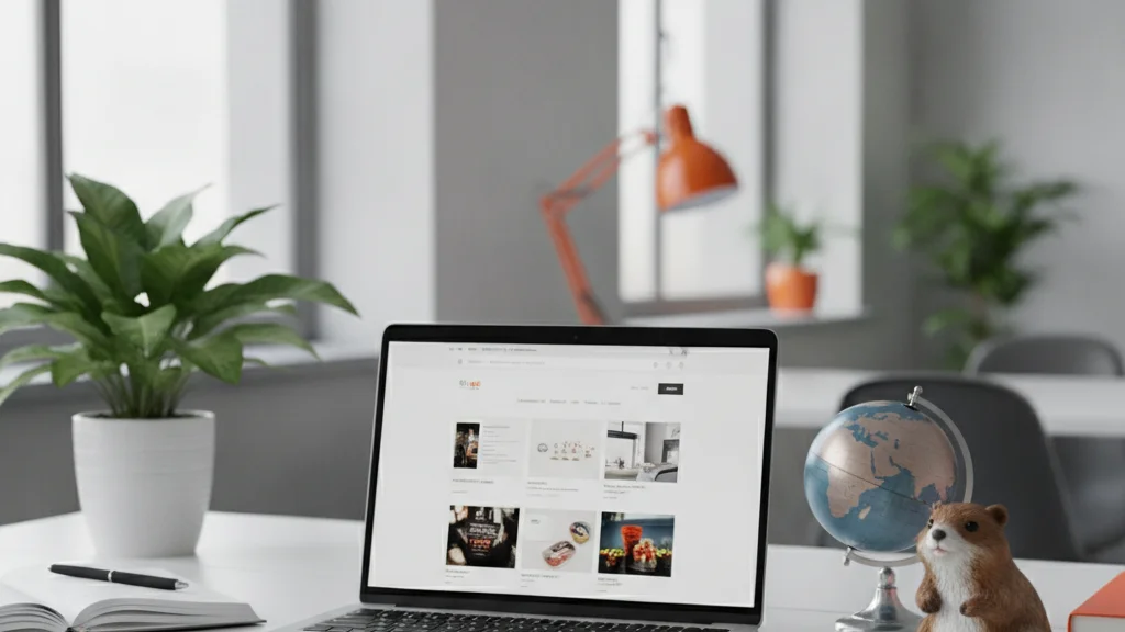 Laptop showing an ecommerce store with a globe on the desk