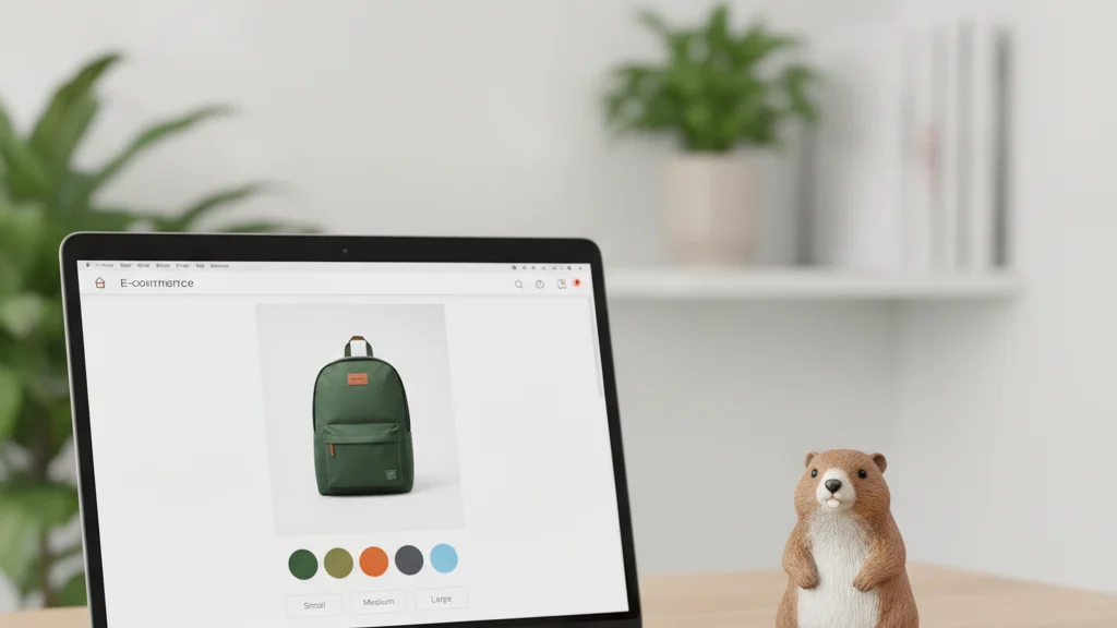 Laptop showing a Shopify product page with color and size variants