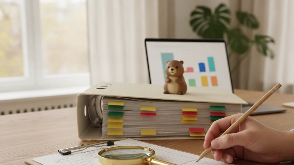 Checklist de auditoría con una lupa y un archivador con pestañas de colores: la auditoría de una cuenta de Google Ads