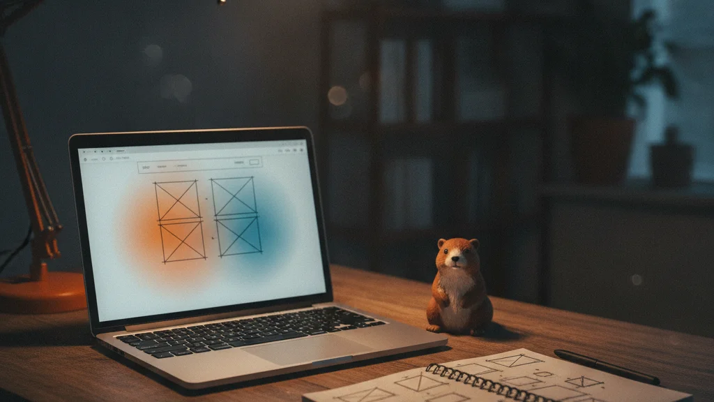 Laptop showing a page wireframe with coloured attention zones and a notebook of sketches