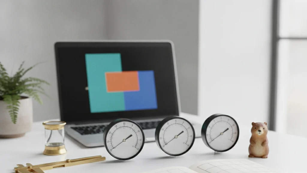 Tres manómetros junto a una lupa y un calibre sobre un escritorio: los tres componentes del Nivel de calidad