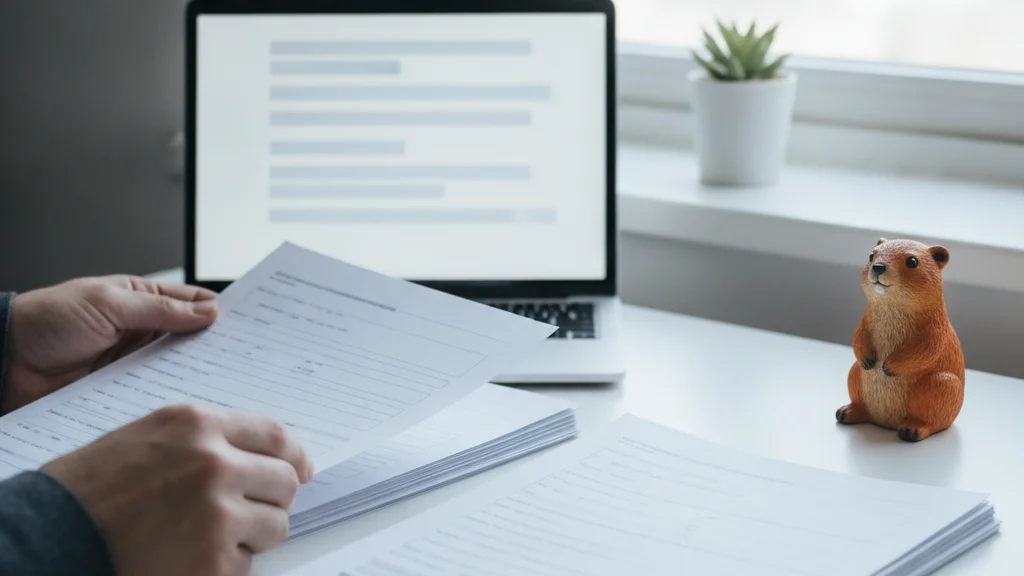 Hands sorting printed enquiry forms into two piles beside a laptop