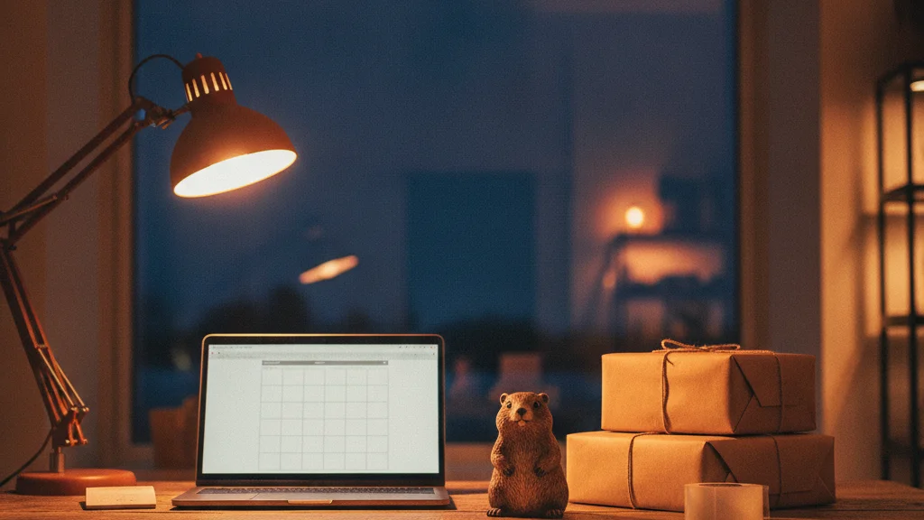 Stacked kraft parcels beside a laptop under a desk lamp at night