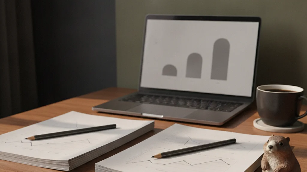 Two stacks of printed spreadsheets with pencils and a laptop showing a bar chart