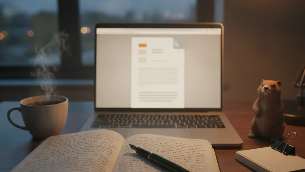 Carnet de notes manuscrites et stylo plume à côté d'un ordinateur portable