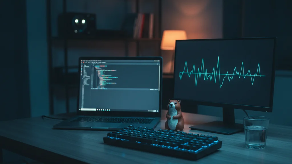 Laptop with a code editor and a monitor showing a data graph in a dimly lit room