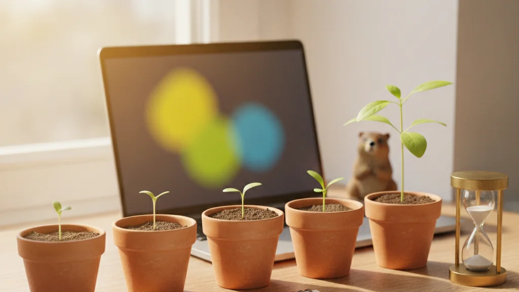 Seedlings at different growth stages next to an hourglass, illustrating how long Google Ads takes to work