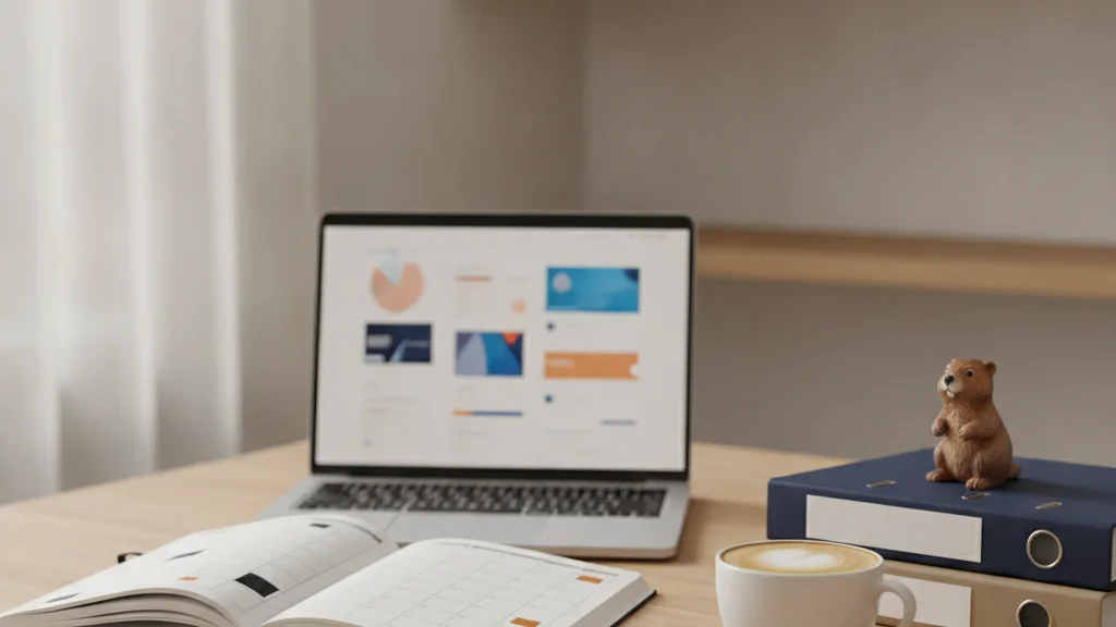 Agenda mensual abierta, portátil con un panel y café: la rutina de una gestión mensual de Google Ads