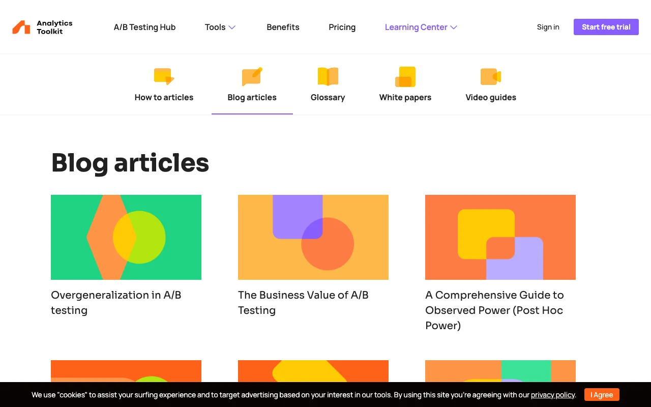 Analytics Toolkit blog homepage — rigorous CRO statistics and A/B test methodology