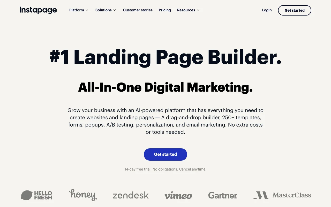 Instapage homepage — landing page platform for post-click optimization