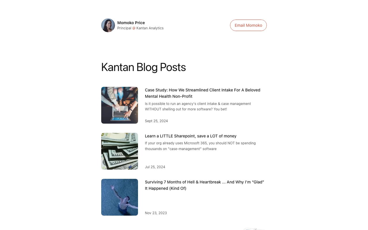 Kantan blog homepage — research-driven conversion copywriting by Momoko Price