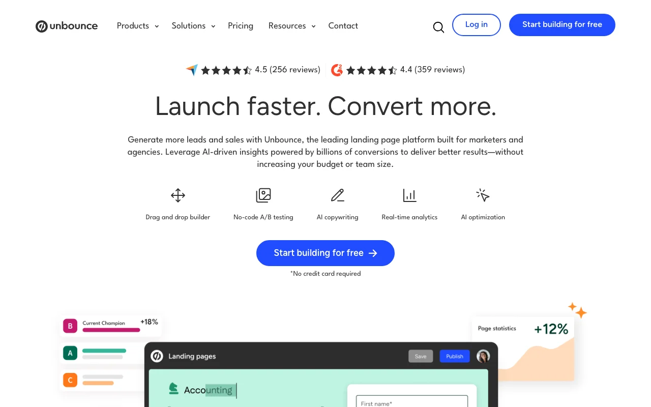 Unbounce homepage — landing page builder with CRO and A/B testing tools