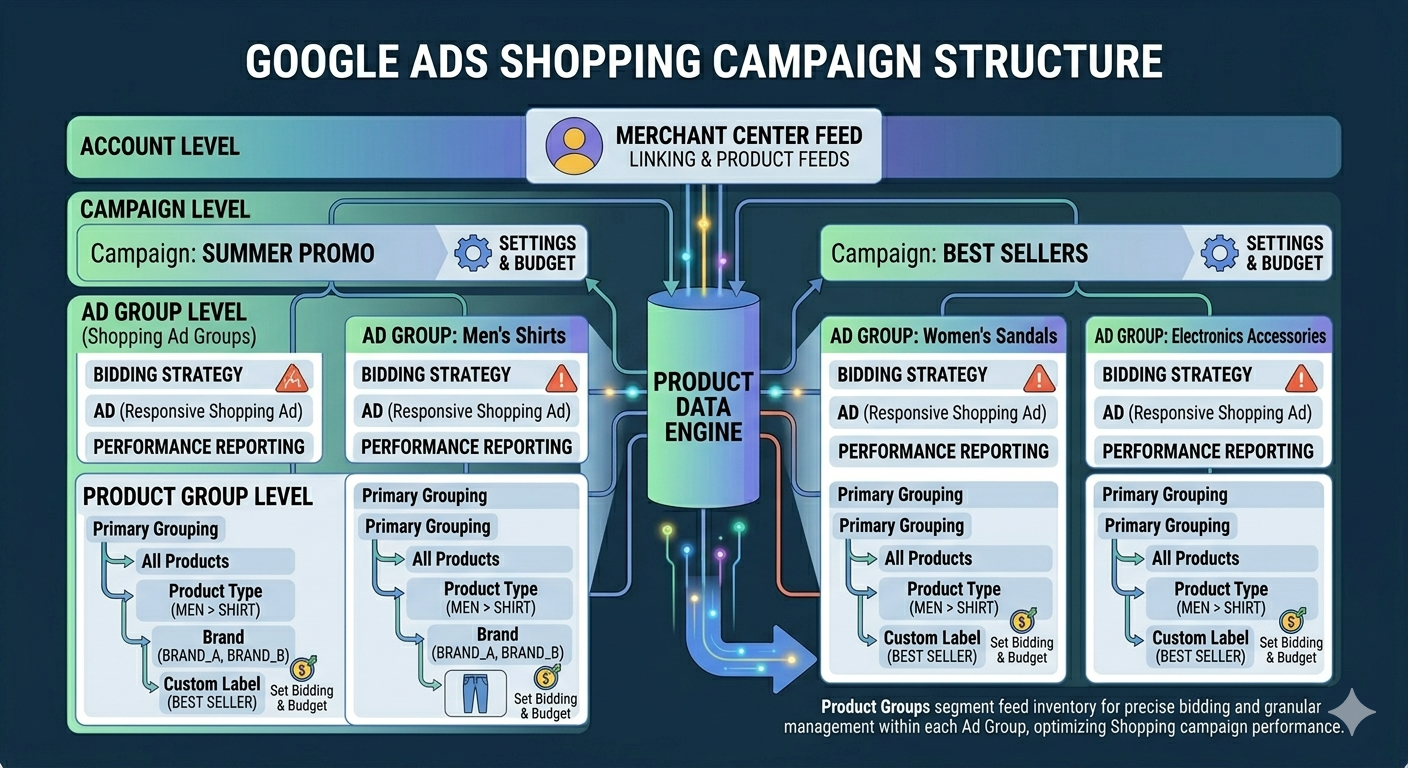 Standard Shopping campaign structure in Google Ads: campaign, ad group and product group levels